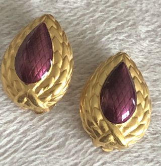Vintage Liz Claiborne Gold Tone Earrings Maroon Cabochon Vintage Lci Clip On