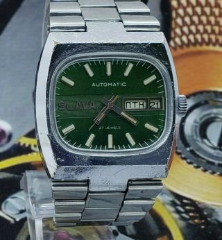Soviet Watch Slava Automatic Green Dial Vintage Dress Men`s Wristwatch Ussr
