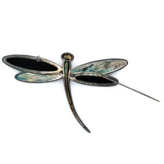 Antique Vintage Deco 925 Sterling Silver Chinese Onyx Dragonfly Pin Brooch 11.  9g 2