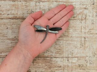 Antique Vintage Deco 925 Sterling Silver Chinese Onyx Dragonfly Pin Brooch 11.  9g 3