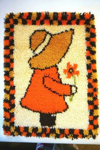 Vintage Holly Hobbie Latch Hook Rug Completed 19x26 Wall Hanging 1970s