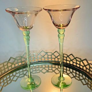 Candle Holders Watermelon Vintage Elegant Pink Green 11 1/2 Tall Champagne El8