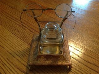 Vintage Antique Ornate Brass Single Ink Well And Pen/eyeglass Holder 4 " X 4 "