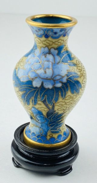 Vintage Chinese Cloisonné Vase Enamel On Brass Mini 4”x 2” W/ Wood Stand