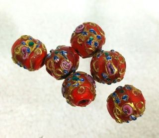 6 Pc Vintage Lampwork Glass Beads Red W Blue Pink Gold Floral Swirl 1/2 " Tube