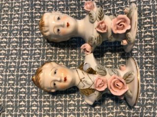 VINTAGE SALT & PEPPER Shakers: Busts of Man & Woman - China w decorative flowers 2