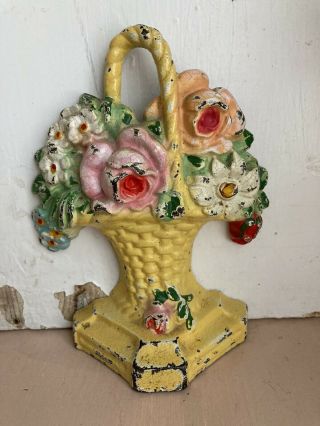 Vintage Hubley Floral Flower Basket Metal Door Stop Shabby Chic Chippy