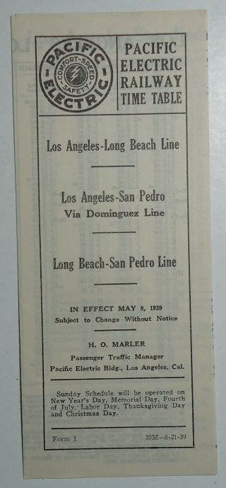 Pacific Electric Railway 1939 Public Timetable - La - Long Beach Form 1