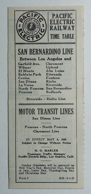 Pacific Electric Railway 1939 Public Timetable - San Bernardino Lines Form 8