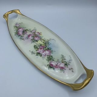 Antique Vigraud Limoges Porcelain Handled Serving Tray Hand Painted Gold Roses