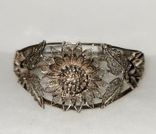 Antique Vintage Sterling Silver & Filigree Art Deco Flower Bracelet
