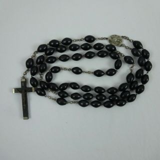 Vintage 30 Inch Large Black Wood And Metal Catholic Rosary Made In Italy