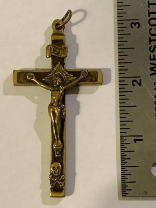 Antique Brass Pectoral Priest Nuns Crucifix Skull & Crossbones For Habit Rosary