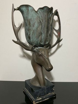 Vintage Deer Elk Double Handle Bronze Metal Vase Urn Planter 18”