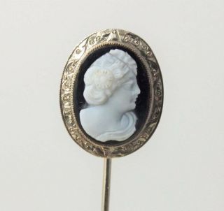 Antique Victorian 14k White Gold White Carved Hard Stone Cameo Stick Hat Pin