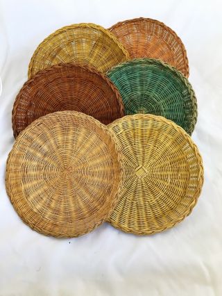 6 Vintage Colored Wicker Rattan Paper Plate Holders Picnic Bbq Camping Retro