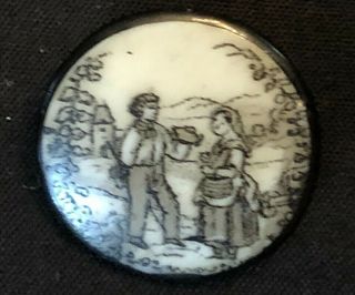 Antique Porcelain Button,  Liverpool Transfer,  " Summer " Young Couple,  7/8 "