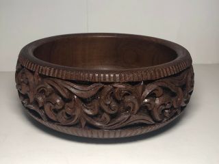 Vintage Carved Scrolls Wood Wooden Serving Salad Centerpiece Bowl Mid Mod