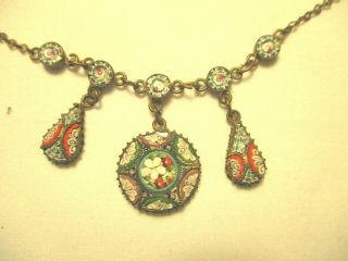 Antique Vintage Italian Micro Mosaic Glass Multi Drop Necklace 15 1/2 Inches