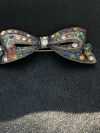 Art Deco Multicolor Rhinestone Pot Metal Ribbon Bow Vintage Brooch Pin