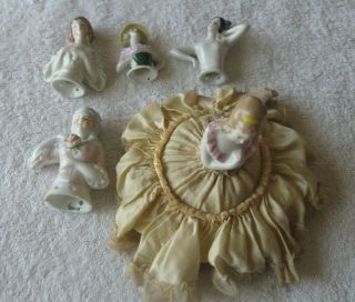 Vtg - Antique - 4 Porcelain Half Doll Victorian Lady Pin Cushion Figures & 1 Compl