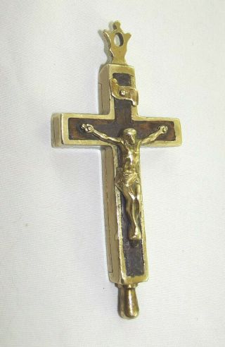 Antique Reliquary Crucifix Hardwood Clinched Brass Good Pin France