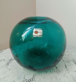 Vintage Blenko Crackle Glass Deep Green Handmade Globe Vase