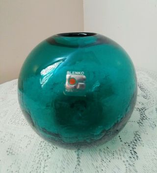 Vintage Blenko Crackle Glass Deep Green Handmade Globe Vase 2