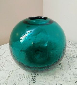 Vintage Blenko Crackle Glass Deep Green Handmade Globe Vase 3