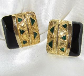 Vintage High End Square Gold Tone Green & Black Enamel Clip On Back Earrings