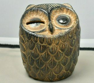Vintage Wise Old Owl Bank Ceramic Pottery Brown Earth Tone Winking Coin Figurine