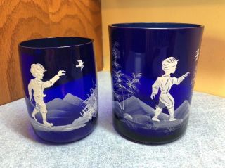 2 Vintage Mary Gregory Cobalt Blue Glass Tumbler Cup Boy With Bird Collectible