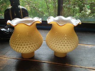 Brt Stunning Pair (2) Vintage Yellow Amber White Hobnailed Glass Lamp Shades