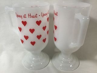 Vintage White Milk Glass Pedestal Coffee Mug Red Hearts & Saying Young At Heart