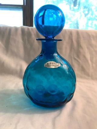 Vintage Blue Blenko Glass Decanter With Stopper And Circular Bump Pattern
