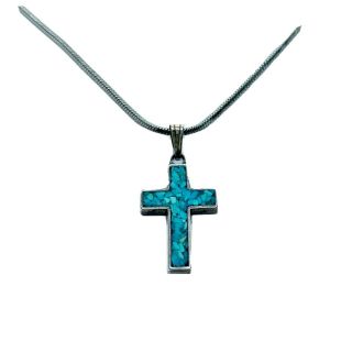 Vtg Estate Cross Crucifix Turquoise Stones Sterling Silver 925 Necklace Southwst