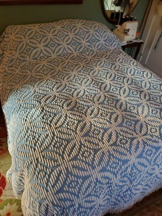 Blue & White Floral Design Vintage Chenille Queen Blanket Bedspread With Fringe