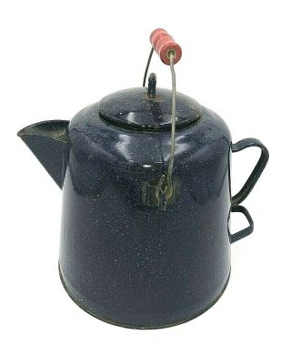 Vintage Large Enamelware Blue Speckled Graniteware Coffee Pot W/red Handle