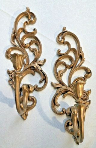 Vintage Syroco 4531 Gold Finish Wall Sconces Candle Holders 16 " Tall