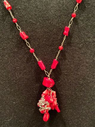Stunning Vintage Sterling & Red Coral Necklace With Drop