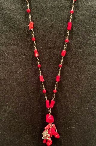 STUNNING VINTAGE STERLING & RED CORAL NECKLACE WITH DROP 2