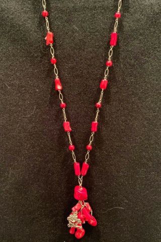 STUNNING VINTAGE STERLING & RED CORAL NECKLACE WITH DROP 3