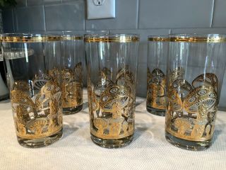 Vintage Culver Glassware Set Of 6 Hiballs Tumblers Glasses Mushroom Gold