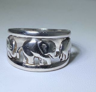 Vintage Signed & Sterling Silver Elephants Ring Band Size 9.  75