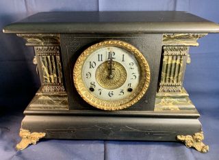 Antique E.  Ingraham Stylized Wood Mantle Clock 8 Day Faux Marble Neo Classical