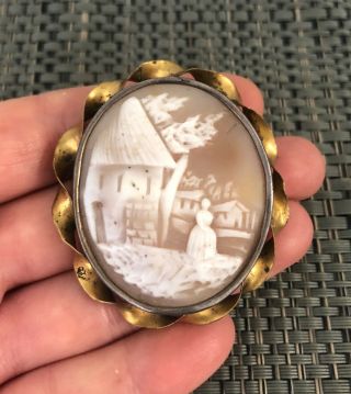 Antique Victorian Gold Fill & Carved Shell Scenic Cameo Brooch Pin
