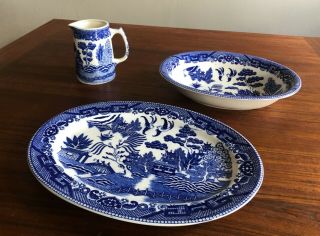 Vintage Blue Willow Transferware,  Platter Bowl And Creamer - 3 Piece Set,  Japan