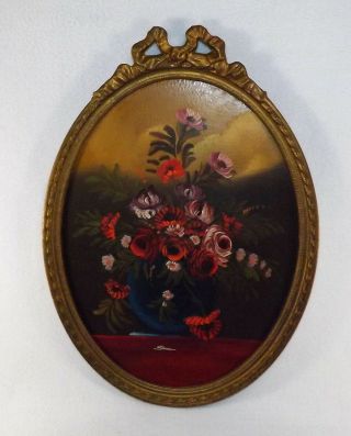 Vintage Painting Oil On Board Signed Framed Tole Art Vase Of Roses Hand Painted