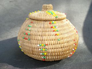 Sm.  Vintage Antique Pomo Indian Basket W Beads & Lid California Native American