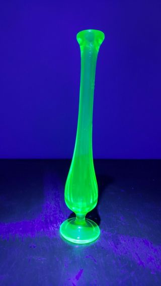Vintage Uranium Vaseline Depression Glass Bud Vase Swung Stretch 9.  25 " Tall